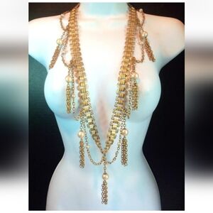 VTG Flamboyant Baroque  Art Deco Ornate Faux Dangle Pearls Necklace